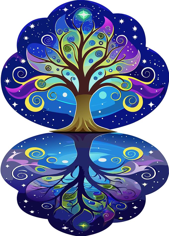 Cosmic Tree of Life Illustration with Starry Galaxy and Mystical Reflection Metal Wall Print Art