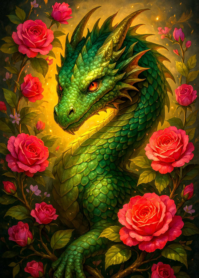 Green Dragon Surrounded by Red Roses