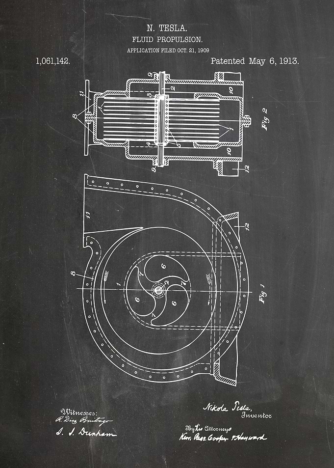 Nikola Tesla Fluid Propulsion Patent Blueprint