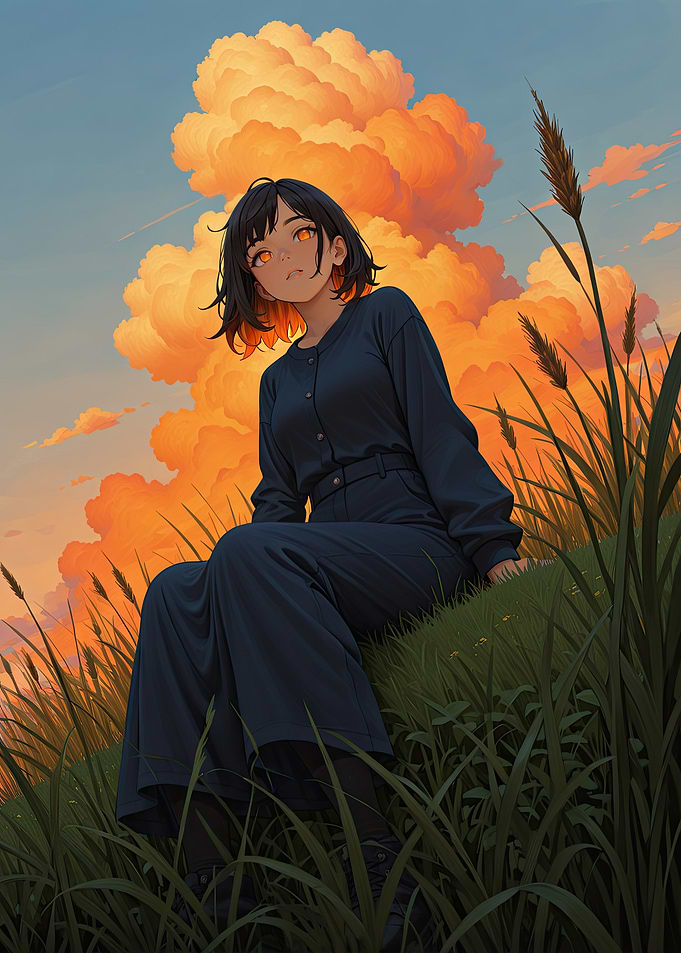 Anime Girl Sitting in Grassy Field