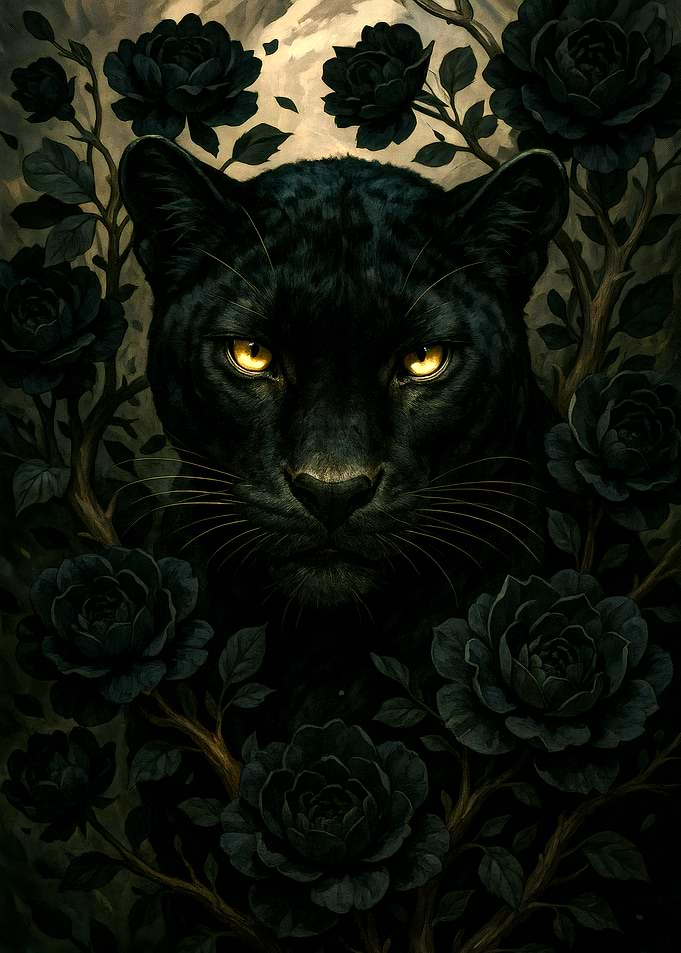 Black Panther Surrounded by Dark Roses