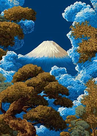 Mount Fuji Landscape with Trees and Clouds