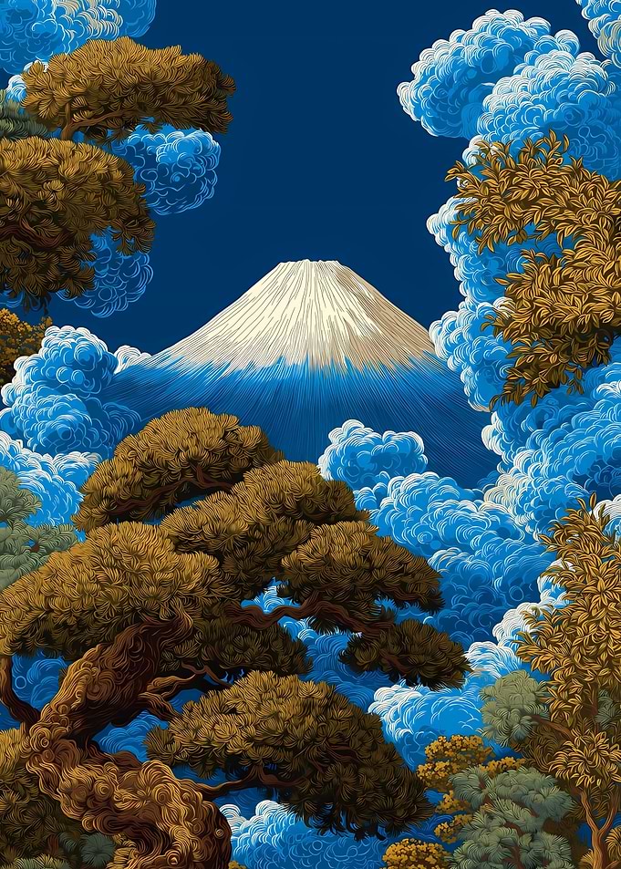 Mount Fuji Landscape with Trees and Clouds