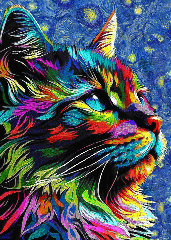 Colorful Cat Portrait in Starry Night Style