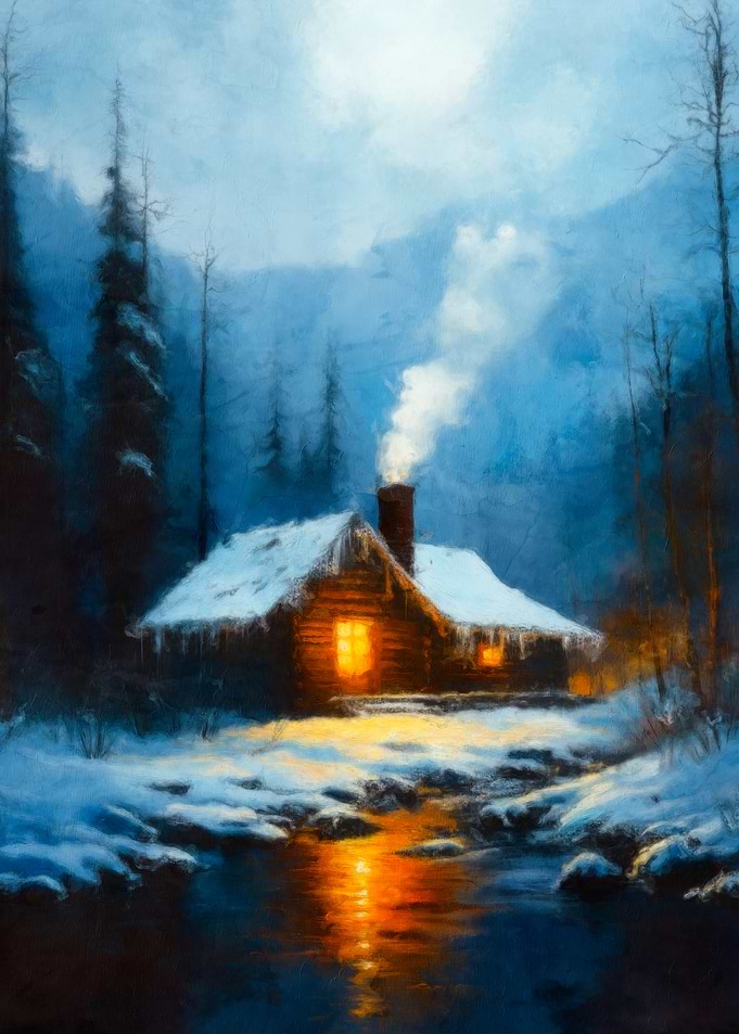 Winter Cabin by River Painting