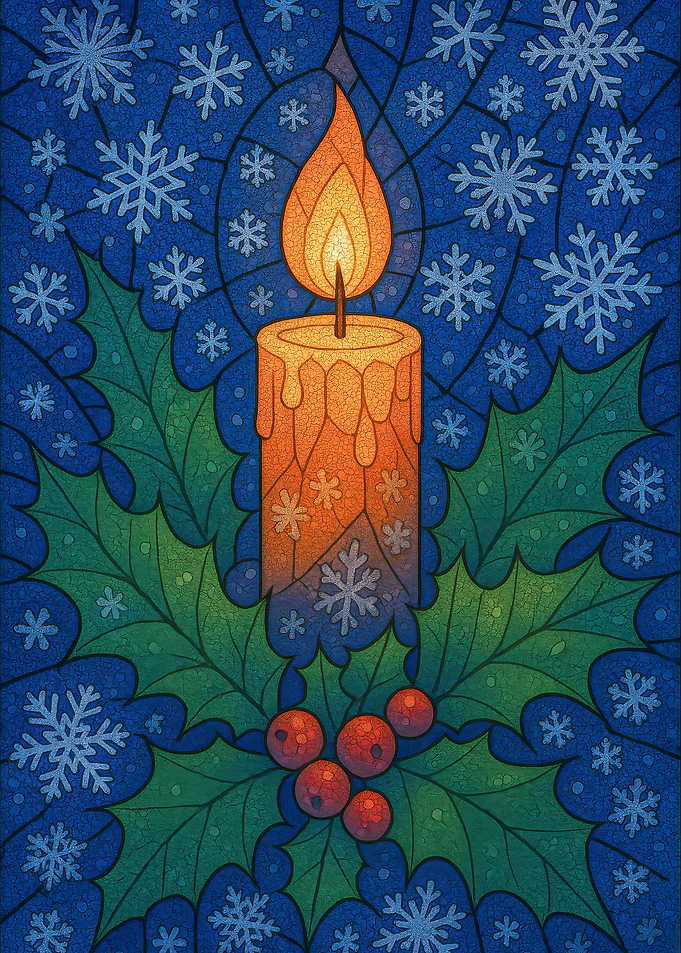 Christmas Candle with Holly and Snowflakes