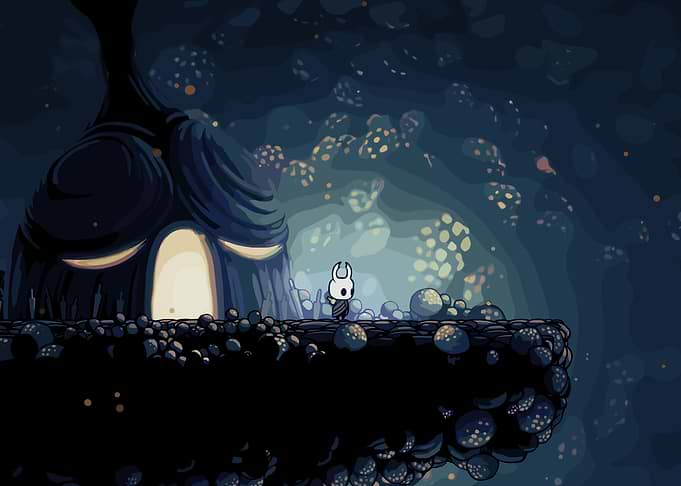 Hollow Knight in a Mushroom Cave