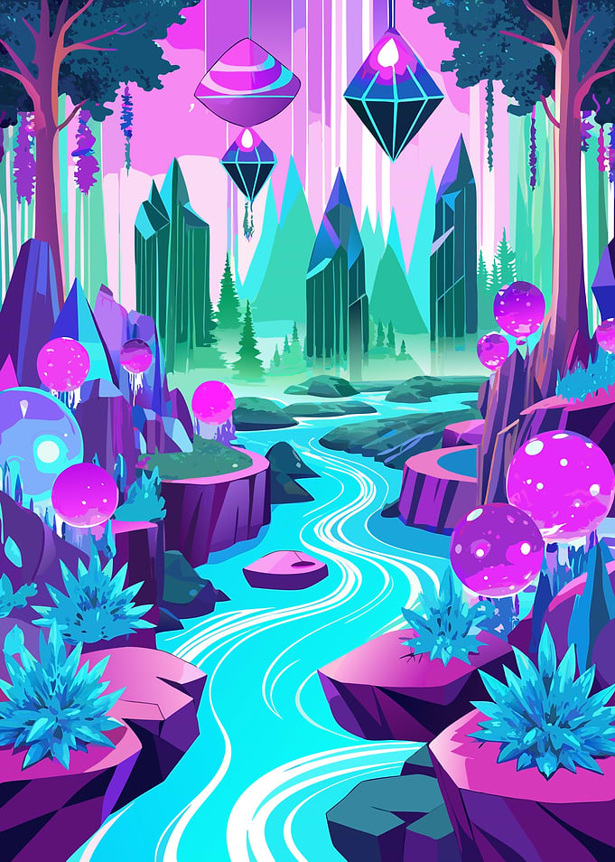 Stylized Fantasy Landscape with River Metal Wall Print Art
