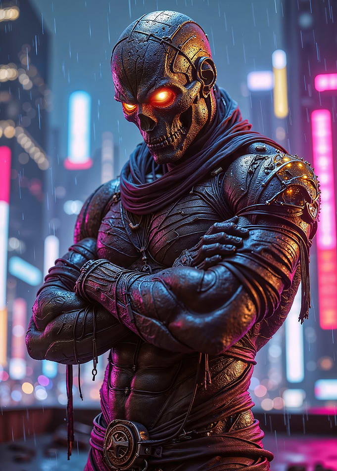 Cyberpunk Skull Warrior in Rainy City