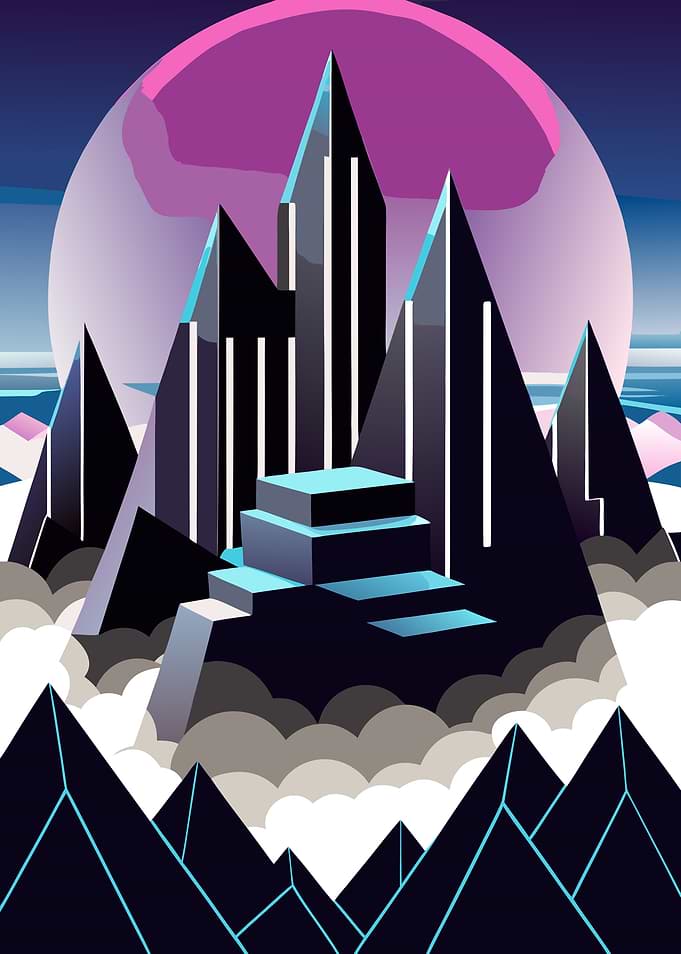 Abstract Mountain Cityscape with Pink Moon Metal Wall Print Art