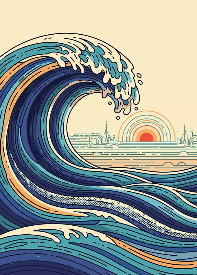 Stylized Ocean Wave with Cityscape