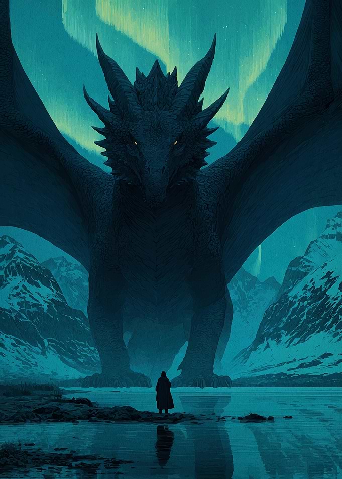 Dragon and Man under Aurora