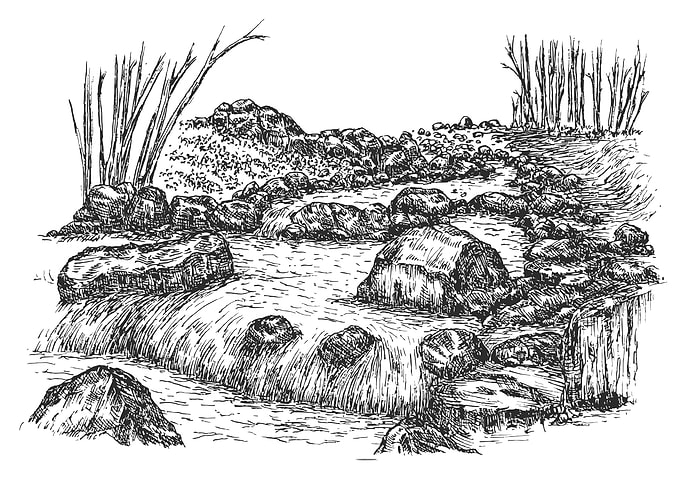 Monochrome River Landscape Drawing