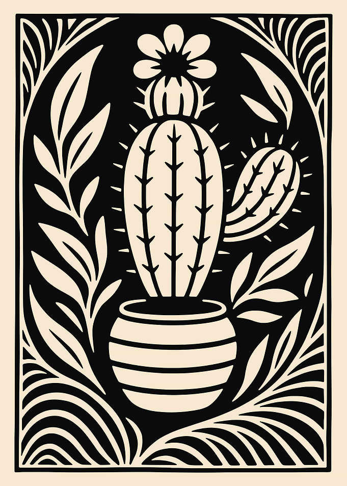 Cactus in Pot Black and Beige