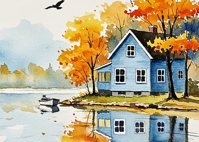 Watercolor Autumn House by the Lake