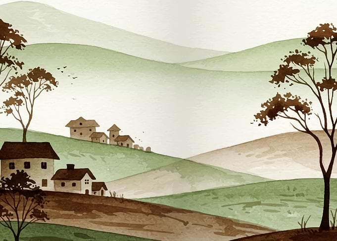Watercolor Landscape with Houses and Trees
