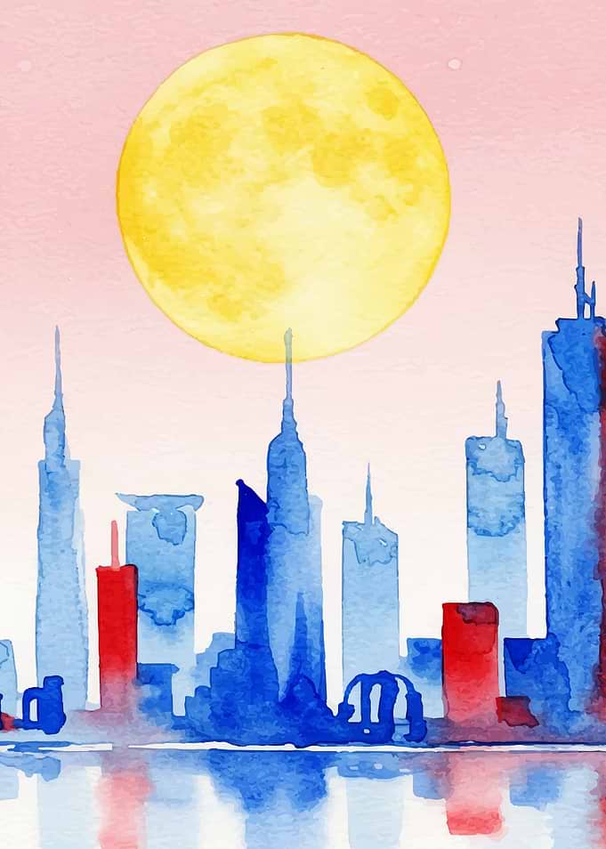 Watercolor Cityscape with Moon