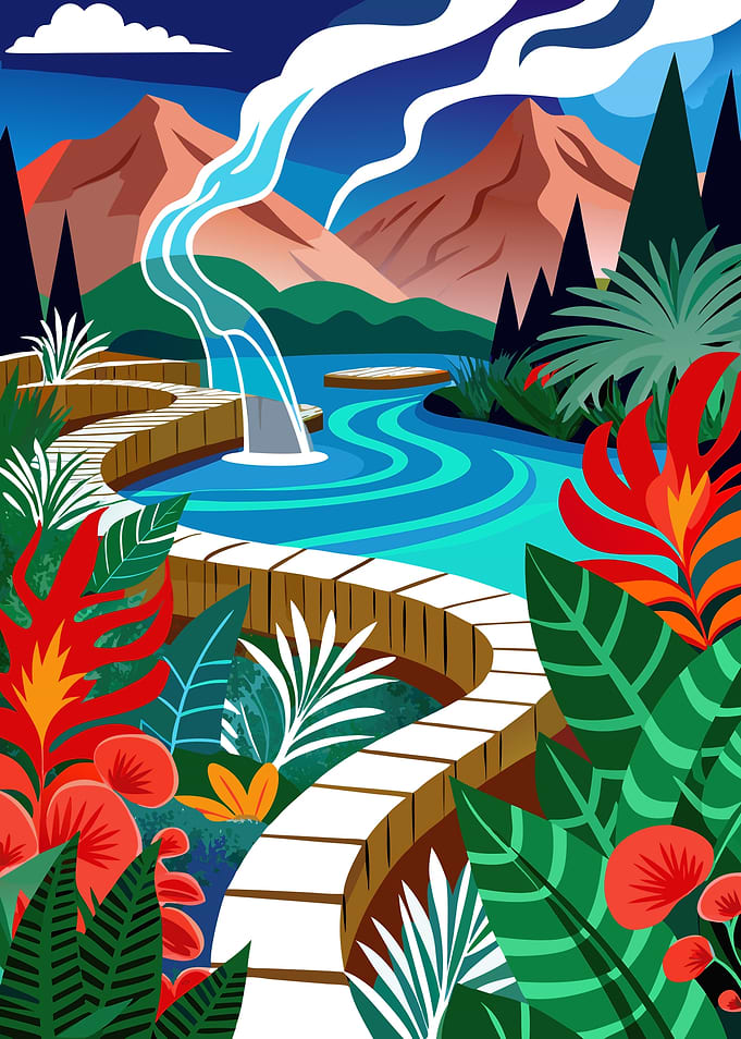 Vibrant Stylized Tropical Landscape with Stepped Path and Waterfal Metal Wall Print Art