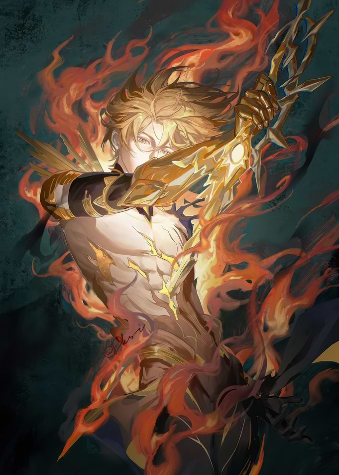 Fiery Warrior with Golden Sword