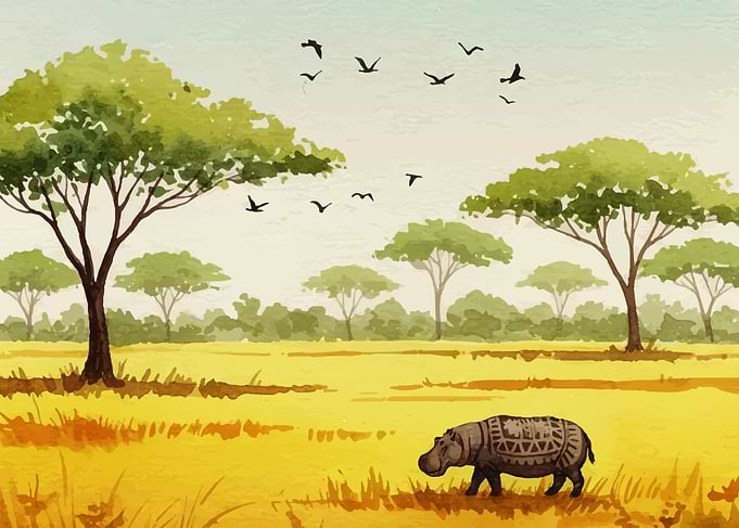 Watercolor African Landscape with Hippopotamus