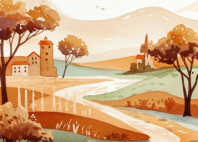 Watercolor Landscape with Buildings and River