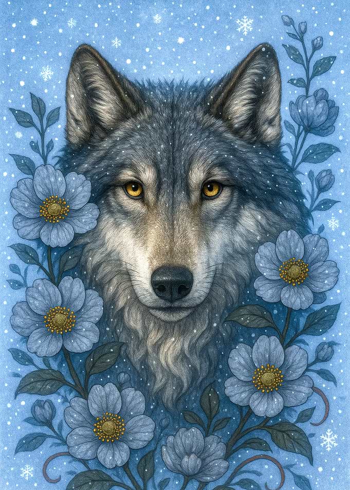 Wolf Portrait with Blue Flowers