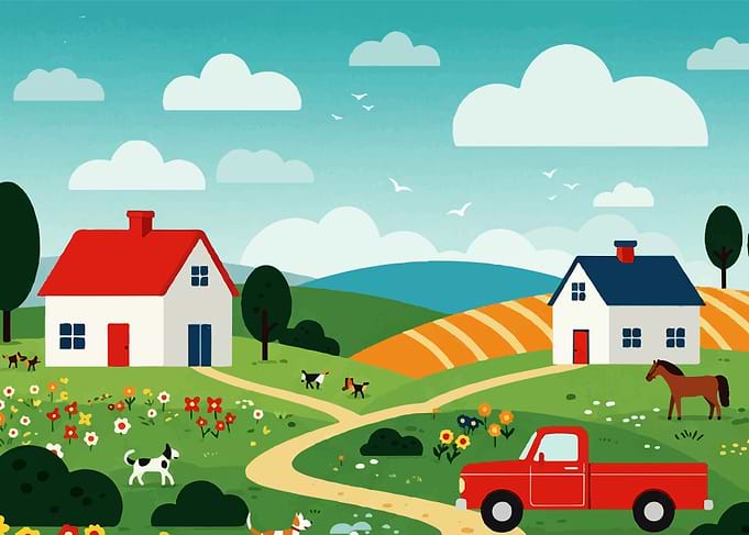 Cartoon Farm Landscape with Animals
