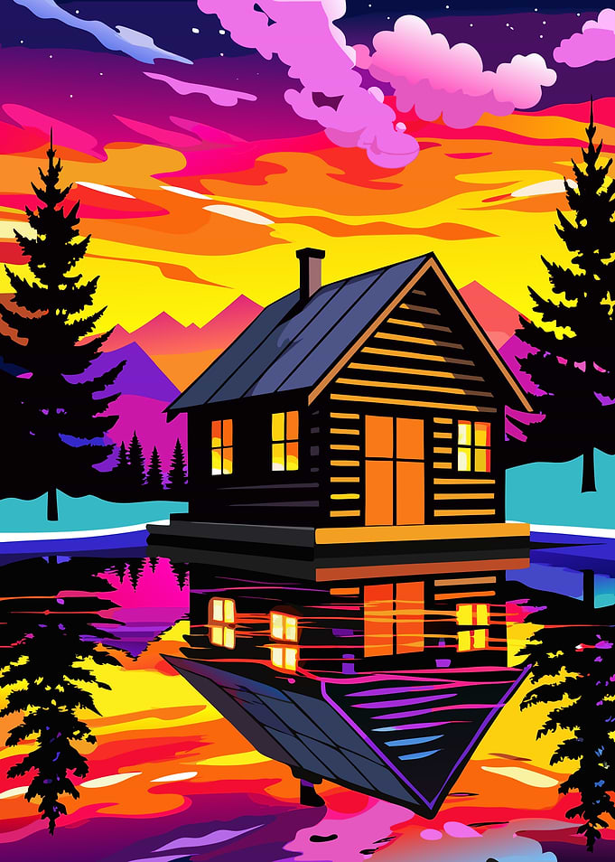 Cabin Reflection at Sunset Metal Wall Print Art