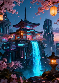 Cyberpunk Japanese Temple with Waterfall