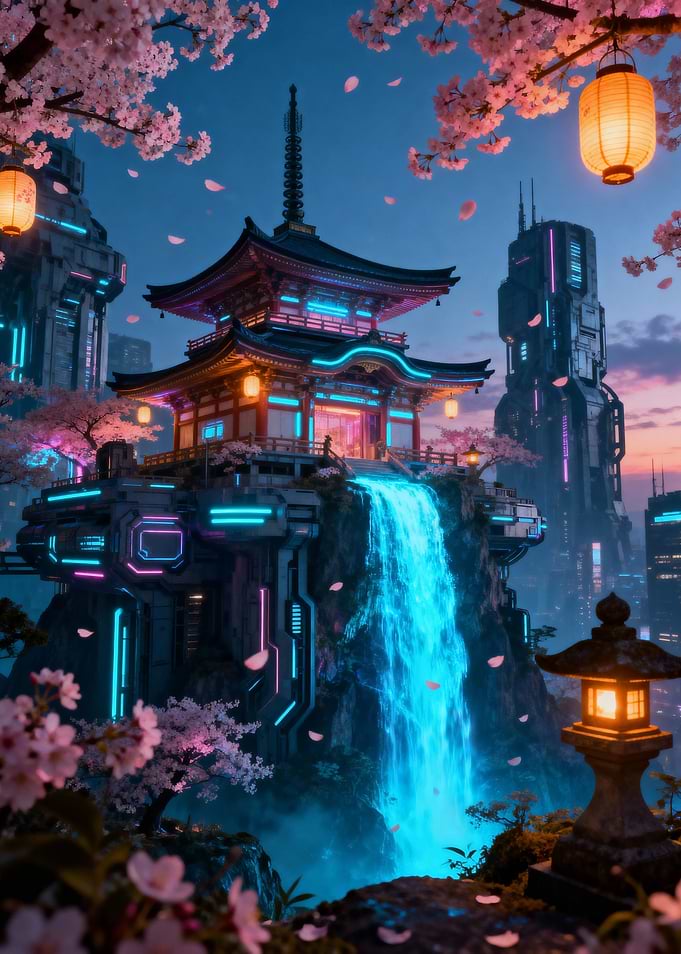 Cyberpunk Japanese Temple with Waterfall