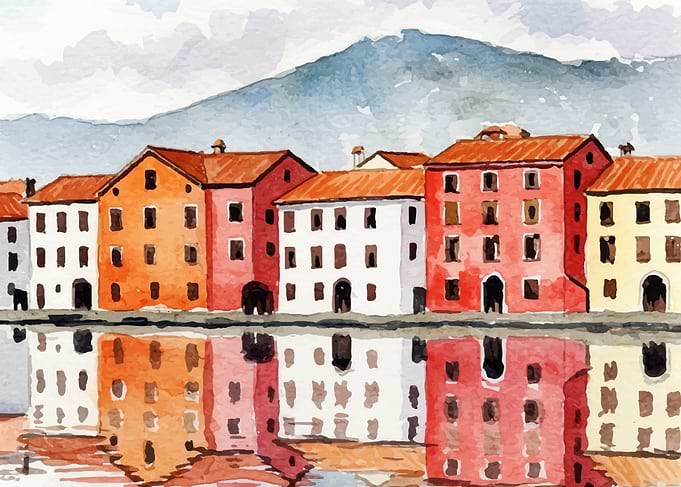 Watercolor Cityscape with Reflections