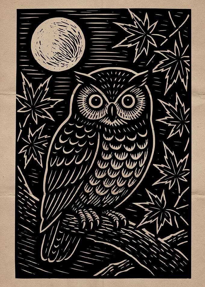 Owl and Moon Woodcut Illustration