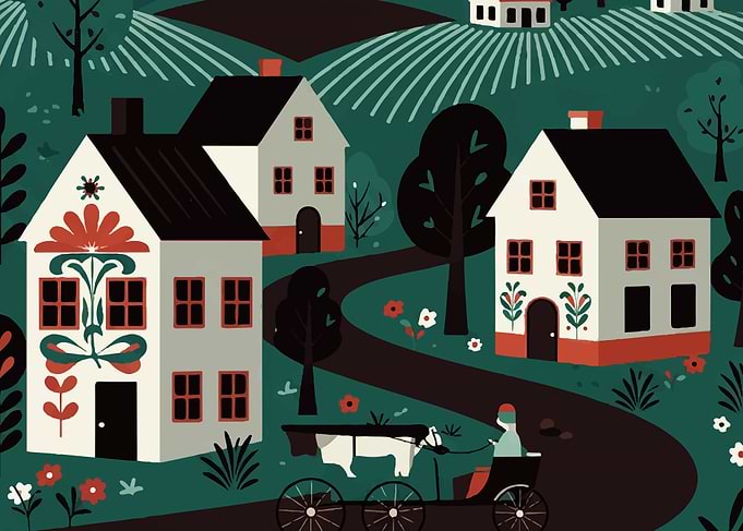 Rural Landscape with Houses and Carriage