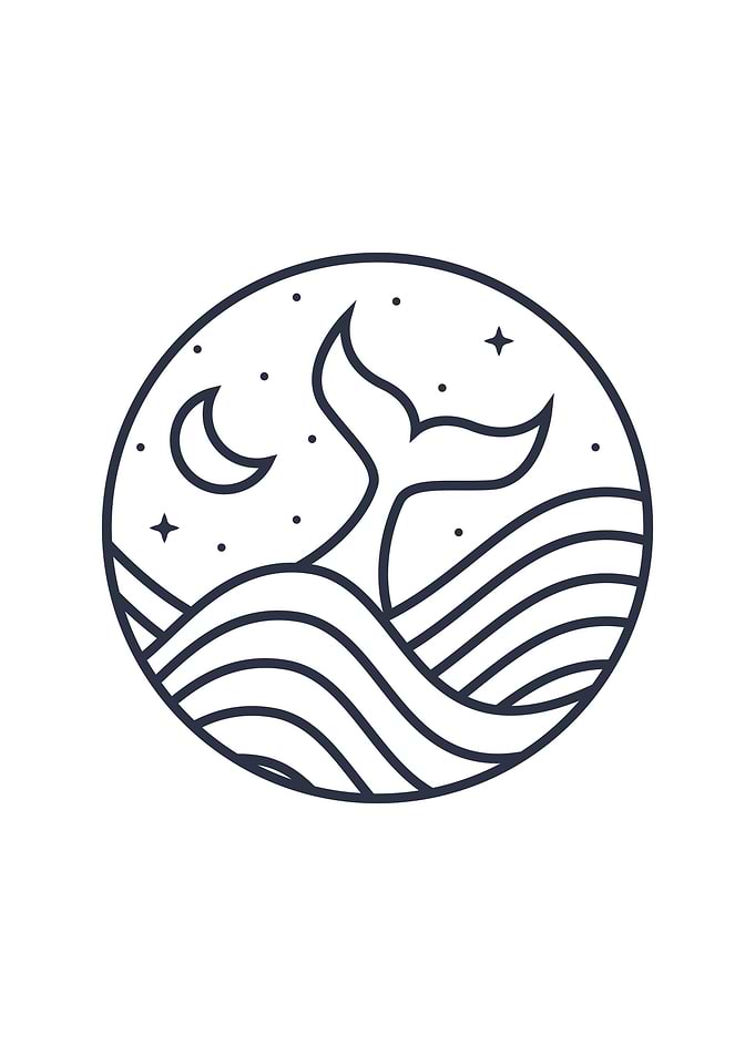 Whale Tail Ocean Night Line Art