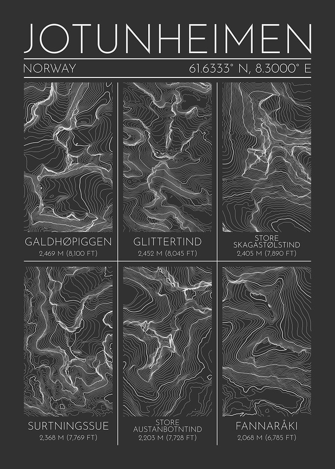 Jotunheimen Norway Topographic Contour Map
