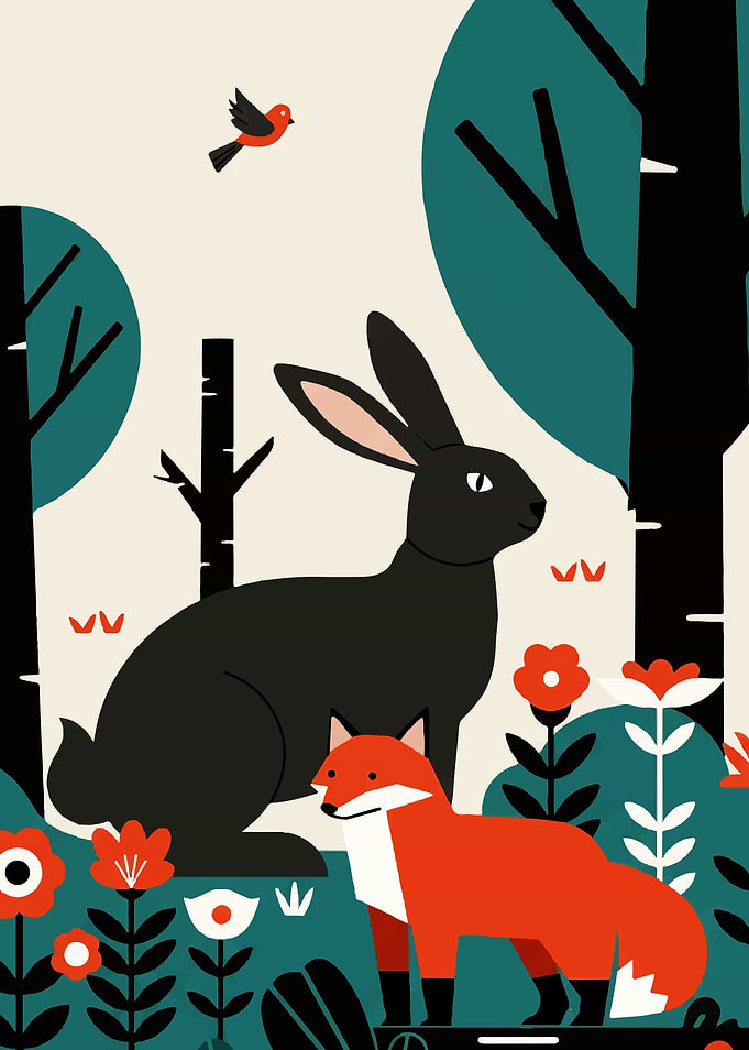 Fox, Rabbit, and Bird in Forest