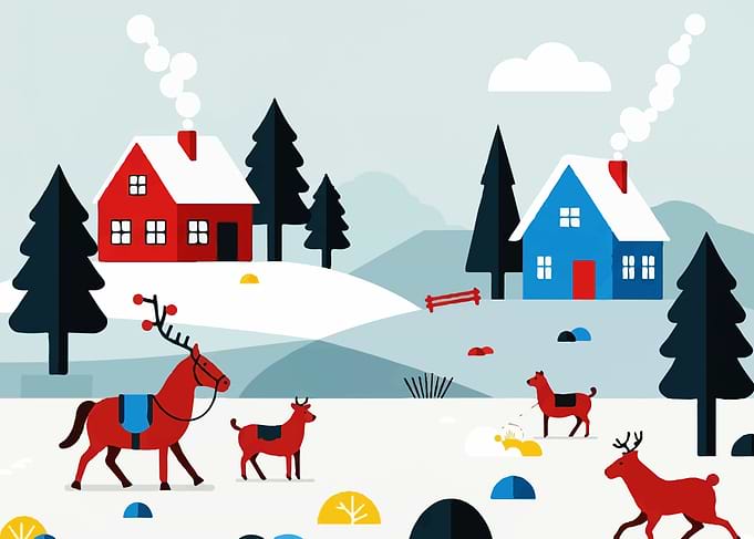 Winter Village with Reindeer Illustration
