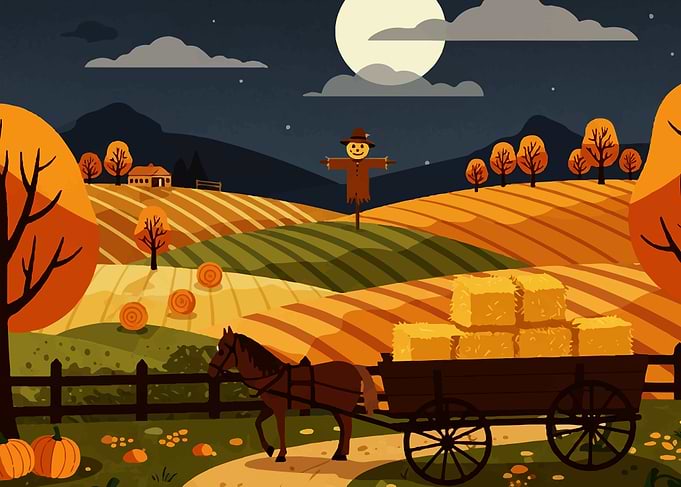 Autumn Harvest Scene with Horse Cart