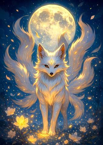 Nine-tailed fox under the moon