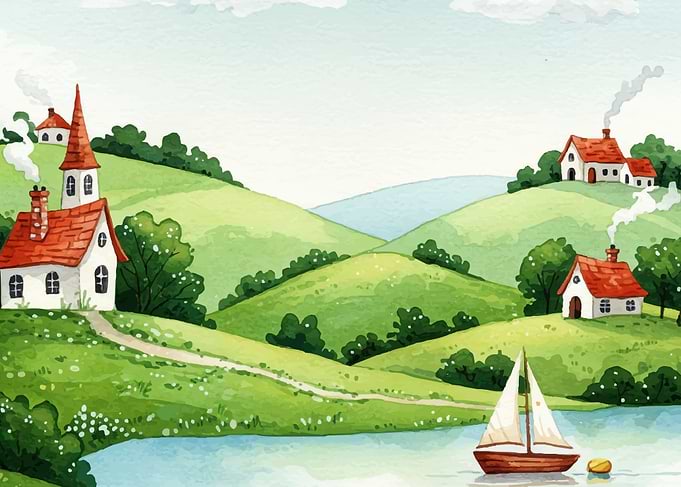 Watercolor Village Landscape with Sailboat