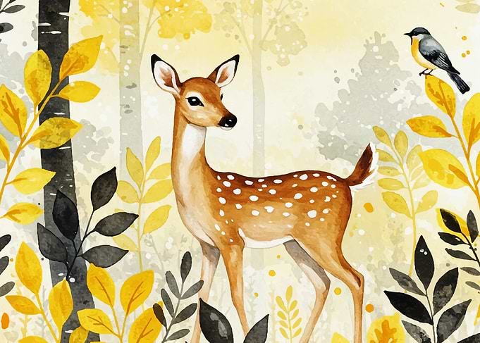 Watercolor Deer and Bird in Forest