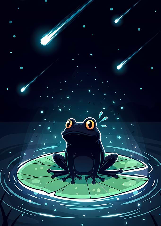 Frog on Lily Pad Under Meteors