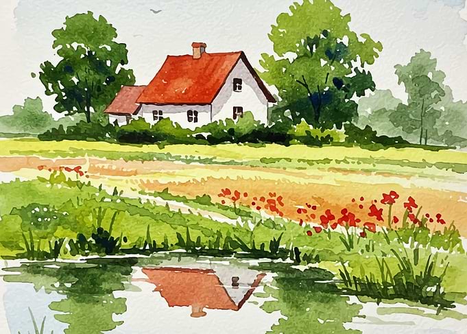 Watercolor Countryside House with Pond