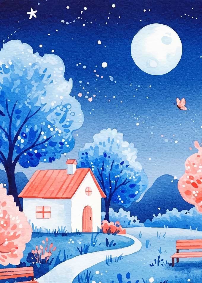 Watercolor Night Landscape with House