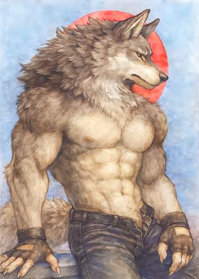 Muscular Anthro Wolf with Red Sun
