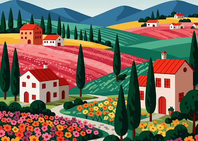 Colorful Tuscan Landscape with Houses