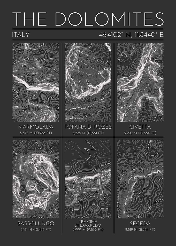 The Dolomites, Italy Topographic Contour Map
