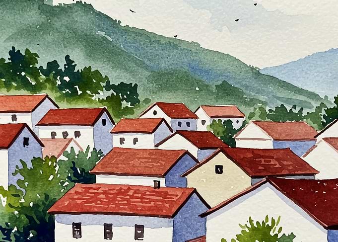 Watercolor Village Scene with Red Roofs
