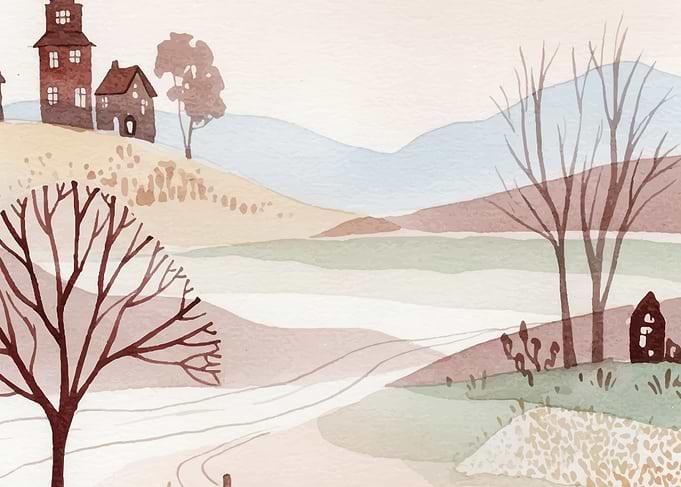 Watercolor Landscape with Houses and Trees
