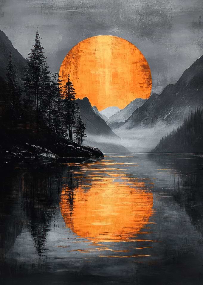 Orange Moon Over Mountain Lake